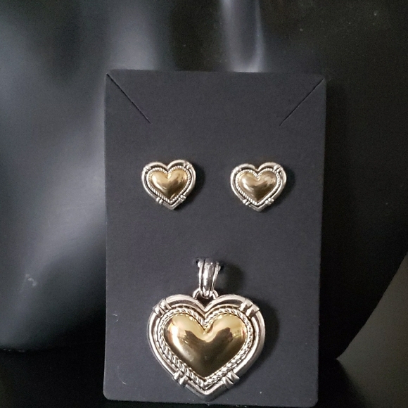 Gold and Silver Plated Heart-Shaped Pendant and Pierced Earring Set  NWOT - Picture 5 of 6